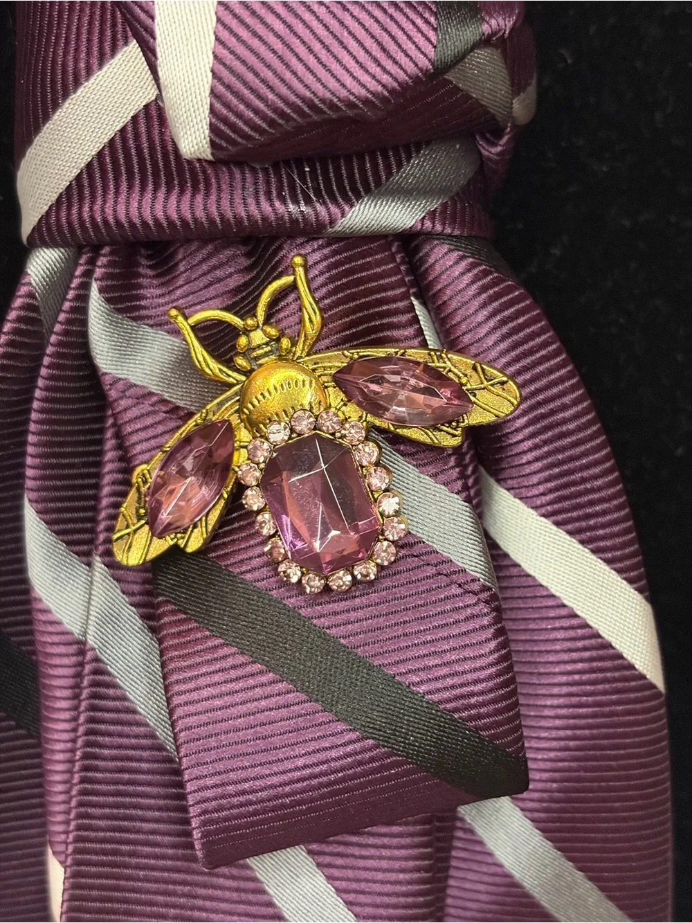 Purple Striped Necktie with Bee Brooch